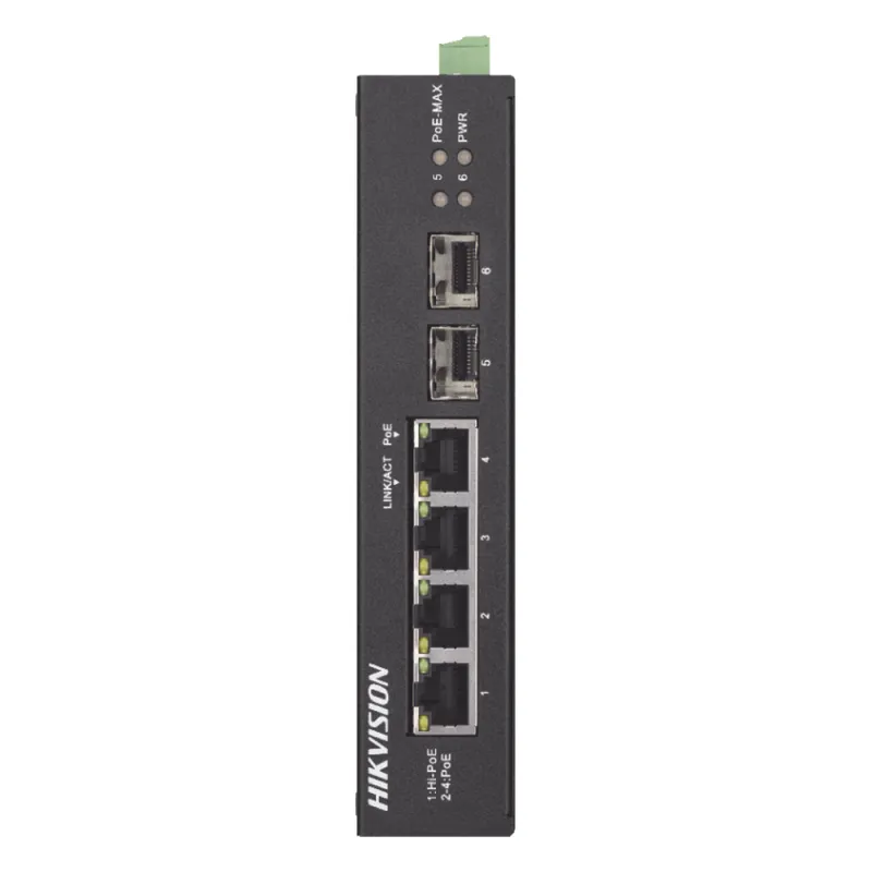 Switch Industrial No Administrable Gigabit / 3 Puertos Gigabit PoE+ (30 W) + 1 Puerto Gigabit PoE++ (60 W) / 2 Puertos SFP / 65 W Total / 48 a 57 VCD / Ideal para Proyectos / 300 Metros de Distancia