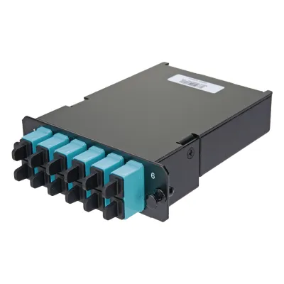 Placa Acopladora de Fibra Óptica FAP, Con 12 Pigtails y 6 Conectores SC Duplex (12 Fibras), Para Fibra Multimodo OM3/OM4, Color Aqua