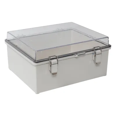 Gabinete Plástico ABS, Puerta Transparente, Uso en Intemperie (300 x 300 x 180 mm) Cierre por Broches Inoxidables y Permite Cerrado con Candado y Llave (Perno 5mm) No Incluido