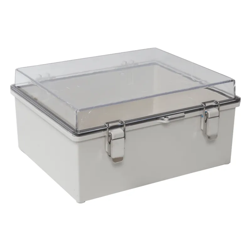Gabinete Plástico ABS, Puerta Transparente, Uso en Intemperie (350 x 460 x 160 mm) Cierre por Broches Inoxidables y Permite Cerrado con Candado y Llave (Perno 5mm) No Incluido