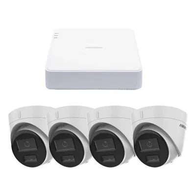 Kit IP 1080p (2 Megapixel) / NVR de 4 Canales con 4 Puertos PoE / 4 Cámaras IP Turret con Micrófono Integrado / ColorVu y ACUSENSE Lite
