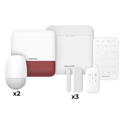(AX PRO) KIT de Alarma AX PRO / Incluye: 1 Hub / 2 Sensores PIR / 3 Contactos Magnéticos mini / 1 Control Remoto / 1 Sirena Estrobo en color Rojo Inalámbrica Exterior /1 Teclado Inalámbrico / Wi-Fi / Compatible con Hik-Connect P2P