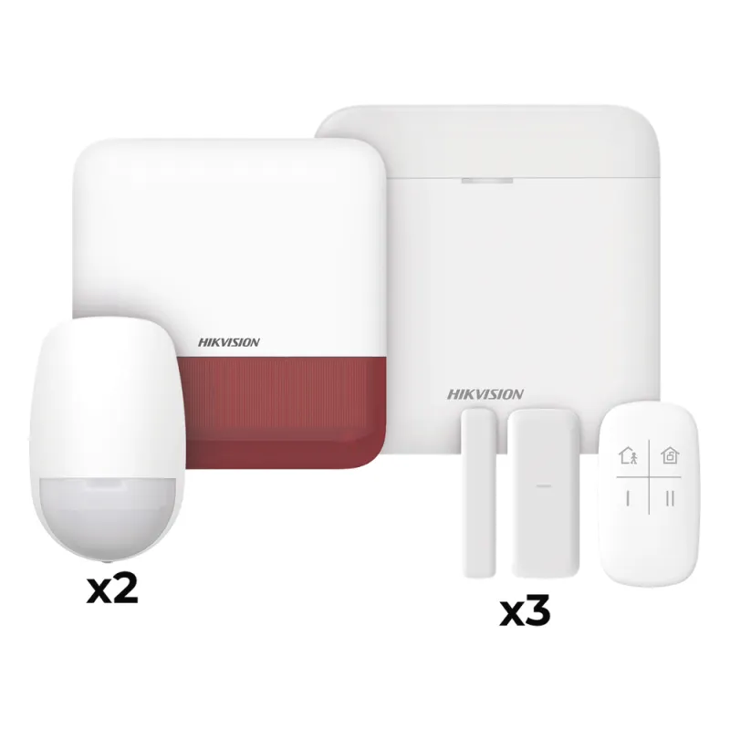 (AX PRO) KIT de Alarma AX PRO con GSM (3G/4G) / Incluye: 1 Hub con bateria de respaldo / 2 Sensores PIR / 3 Contactos Magnéticos mini / 1 Control Remoto / 1 Sirena estrobo Roja Inalambrica Exterior / WiFi / Compatible con Hik-Connect P2P