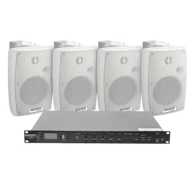 KIT de Amplificador de Audio 120W para Rack | 4 Altavoces de Pared color Blanco 2.5W - 20W | Sistema 70/100V