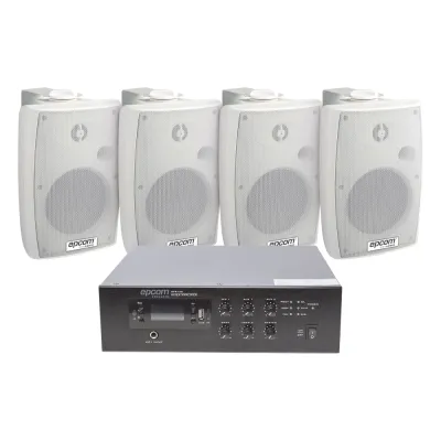 KIT de Amplificador de 120W para Escritorio | 4 Altavoces de Pared color Blanco 2.5W - 20W | Sistema 70/100V