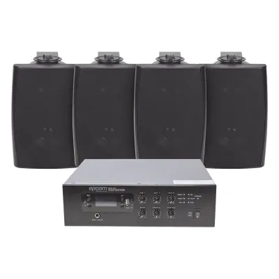 KIT de Amplificador de 120W para Escritorio | 4 Altavoces de Pared color Negro 2.5W - 20W | Sistema 70/100V