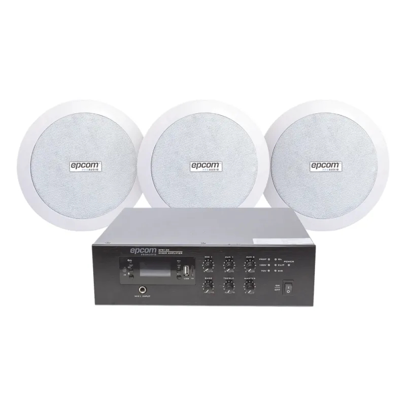 KIT de Amplificador de 120W para Escritorio | 3 Altavoces de Plafón de 5.5in | 3.75 - 30W | Sistema 70/100V