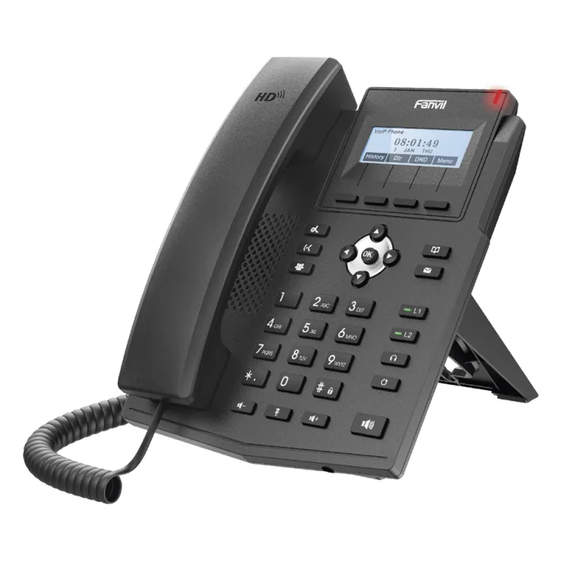 Teléfono IP empresarial para 2 lineas SIP con pantalla LCD, Puertos Gigabit, Códec Opus, conferencia de 3 vías, PoE.