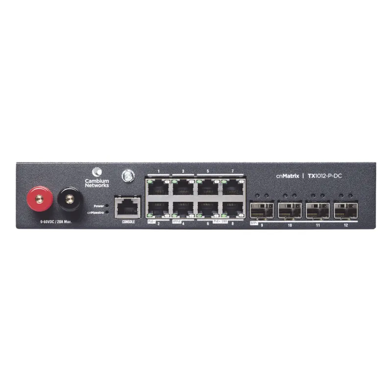 Switch cnMatrix WISP TX1012-DC-P de 8 puertos PoE y 4 SFP+, 170 W PoE Budget, Capa 2, gestión cnMaestro On-Premises, para corriente directa