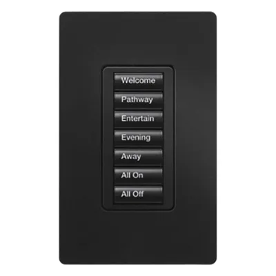 Teclado de pared seeTouch de 7 botones retroiluminados para control de escenas de luces y cortinas en sistema RadioRA 2, color Midnight satinado