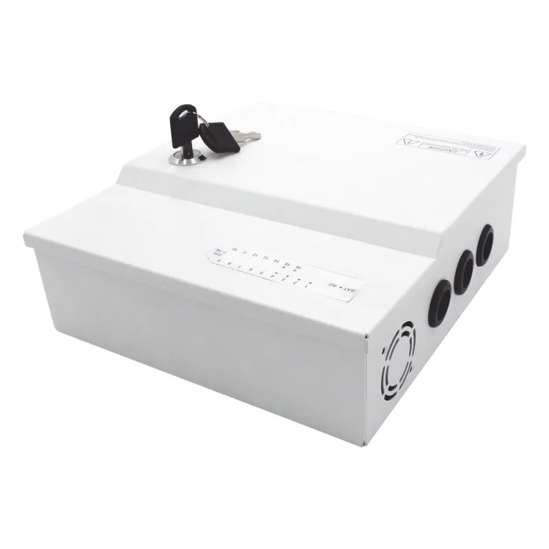 Fuente de poder profesional de 12 Vcc @ 16 A / para 16 cámaras / Con capacidad de batería de respaldo / Requiere batería / Voltaje de entrada de 96-264 Vca