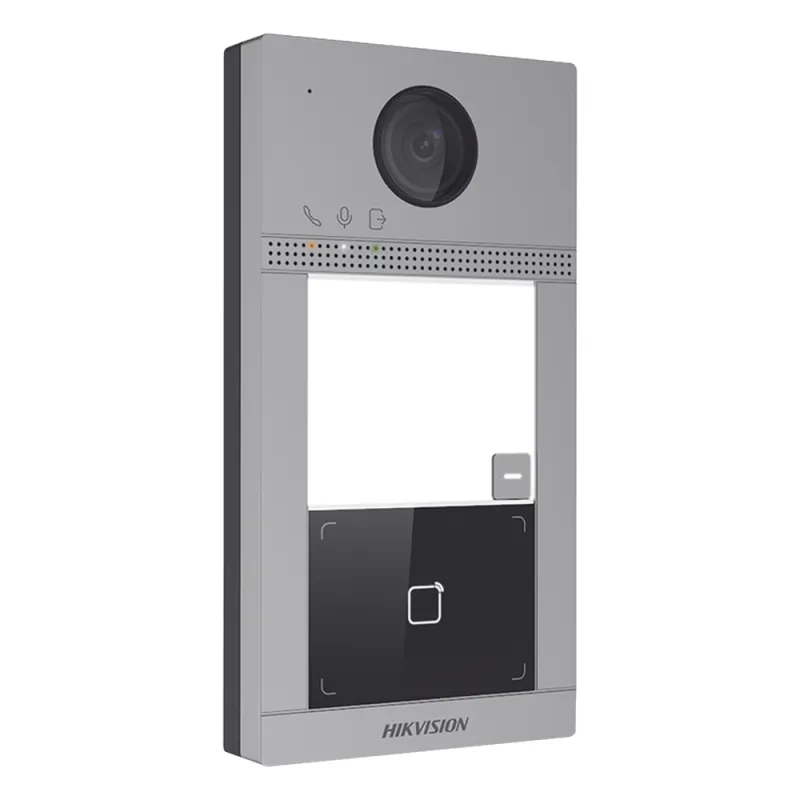 Videoportero IP 2 Megapixel / Llamada y Apertura Remota desde App Hik-Connect / PoE / Exterior IP65 + Antivandalico IK08 / 1 Departamento / Apertura con Tarjeta / Soporta 2 Puertas y hasta 6 Monitores