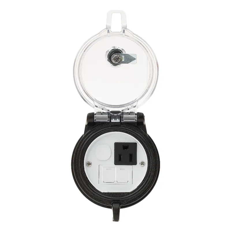 Dispositivo Circular de Puertos de Acceso a Datos, Con Dos Espacios Para Módulos Mini-Com y Un Receptáculo NEMA 5-15R, Protección IP66, de 3" de Diámetro