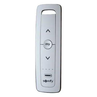 Control remoto 5 canales para motores de persiana Somfy con señal inalámbrica, instrucciones: sube, baja y detener, con posición favorita programada.