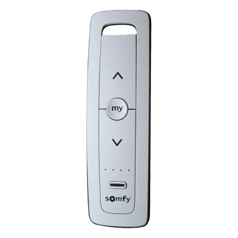 Control remoto 5 canales para motores de persiana Somfy con señal inalámbrica, instrucciones: sube, baja y detener, con posición favorita programada.