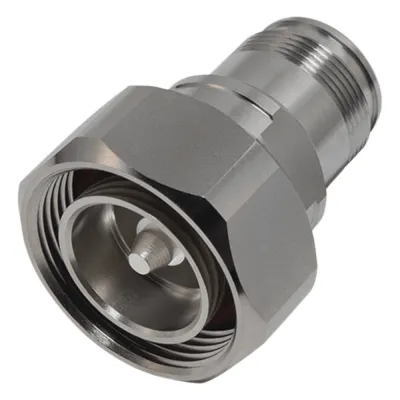 Adaptador en Línea de Conector DIN 7-16 Macho a 4.3-10 Hembra, Bronce Blanco/ Plata/ Teflón.