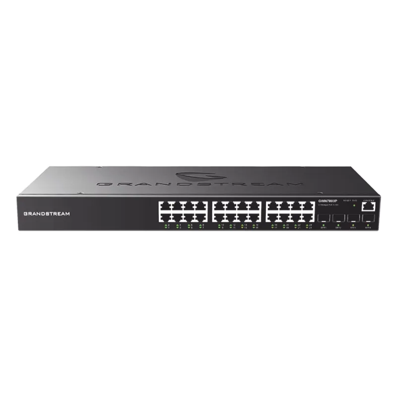 Switch PoE+ Administrable / 24 Puertos 10/100/1000 Mbps + 4 SFP / 360W PoE Total / Switching 56 Gbps / Cloud GWN Sin Costo / Montable en Rack