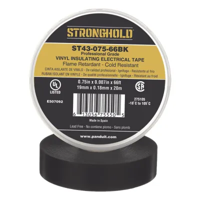 Cinta Eléctrica STRONGHOLD para Aislar, de PVC, Uso Profesional en Construcción Eléctrica, Grosor 0.18mm (7 mil), Ancho 19mm, y 20m Largo, Color Negro.