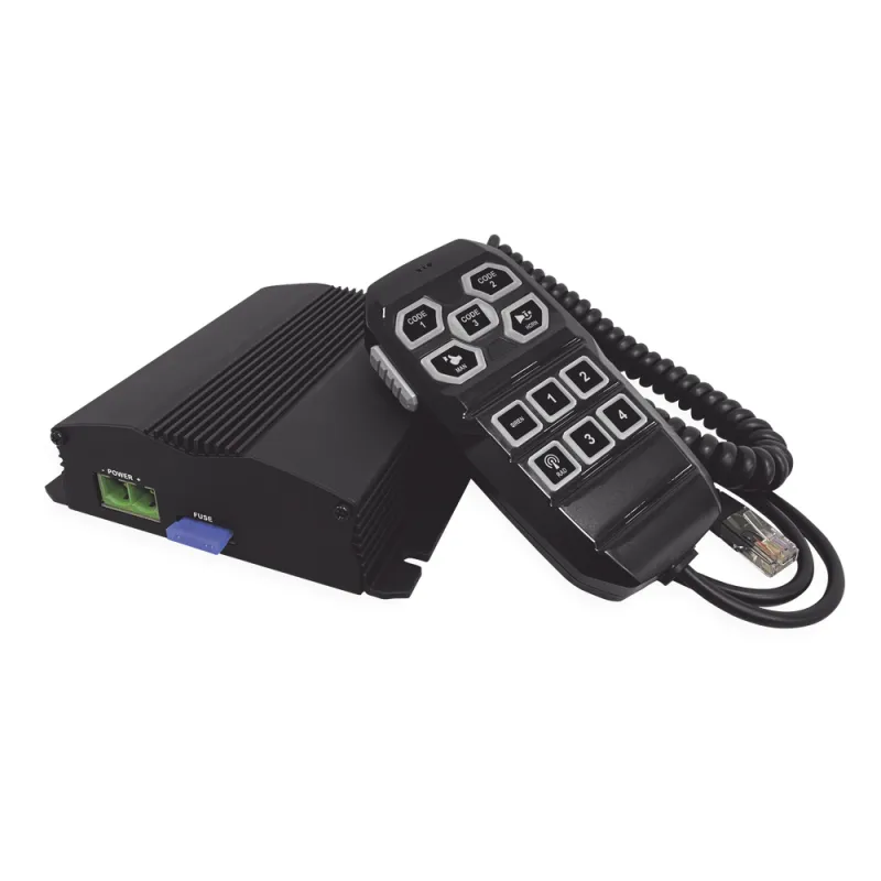 Sirena Vehicular de 100W de Potencia, Incluye Controlador Unimando Para Control de Tonos, 4 Salidas Auxiliares y Microfono