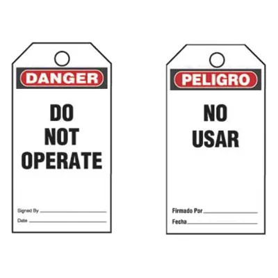 Paquete de 25 Etiquetas de Seguridad, Con Texto "Peligro, No Usar", de 76 x 146 mm, Color Negro Sobre Blanco