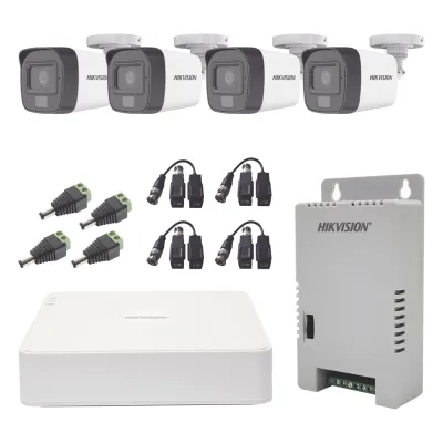 Kit TURBOHD 1080p / DVR 4 Canales / 4 Cámaras con Micrófono Integrado y 101° Visión / Luz Blanca + IR Visión Nocturna / Transceptores / Conectores / Fuente de Poder Profesional Compacta