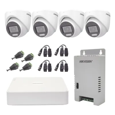 KIT TurboHD 1080p / DVR 4 Canales con audio por coaxitron / 4 Cámaras con Micrófono y 106° Visión/ luz blanca + IR visión nocturna / Transceptores / Conectores / Fuente de Poder Profesional