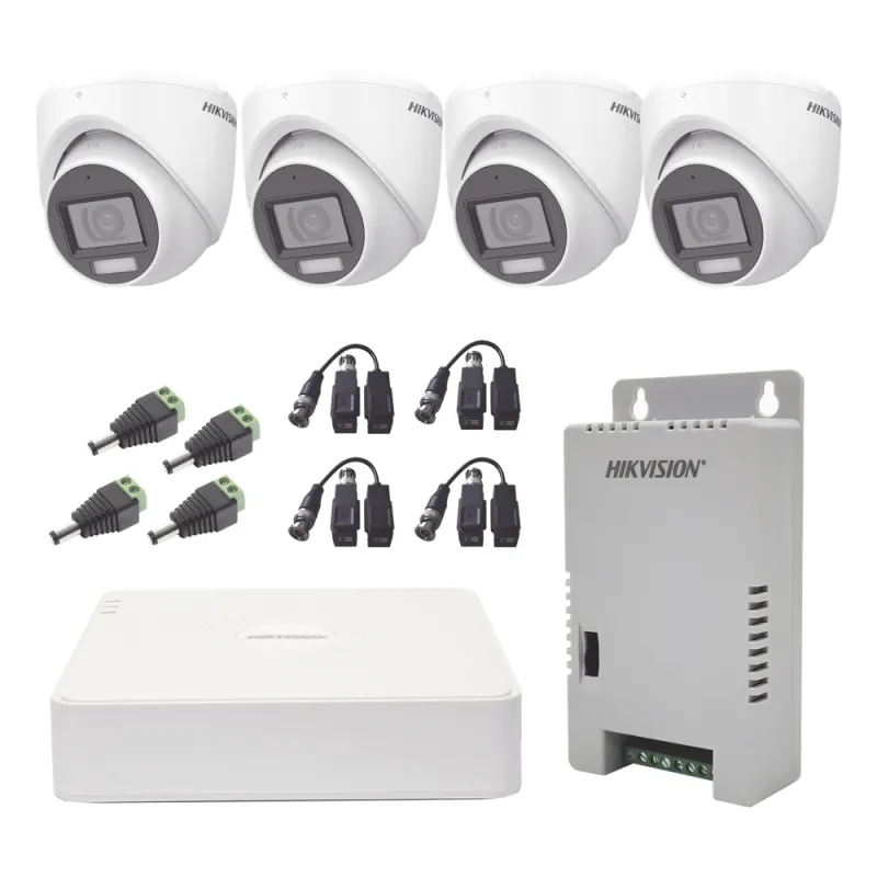 KIT TurboHD 1080p / DVR 4 Canales con audio por coaxitron / 4 Cámaras con Micrófono y 106° Visión/ luz blanca + IR visión nocturna / Transceptores / Conectores / Fuente de Poder Profesional
