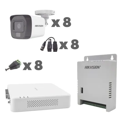 KIT TurboHD 1080p / DVR 8 Canales con audio por coaxitron / 8 Cámaras con Micrófono Integrado 101° Visión/ luz blanca + IR visión nocturna / Transceptores / Conectores / Fuente de Poder Profesional