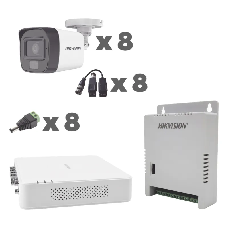 KIT TurboHD 1080p / DVR 8 Canales con audio por coaxitron / 8 Cámaras con Micrófono Integrado 101° Visión/ luz blanca + IR visión nocturna / Transceptores / Conectores / Fuente de Poder Profesional