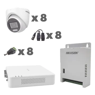 KIT TurboHD 1080p / DVR 8 Canales con audio por coaxitron / 8 Cámaras con Micrófono Integrado 101° Visión/ luz blanca + IR visión nocturna / Transceptores / Conectores / Fuente de Poder Profesional