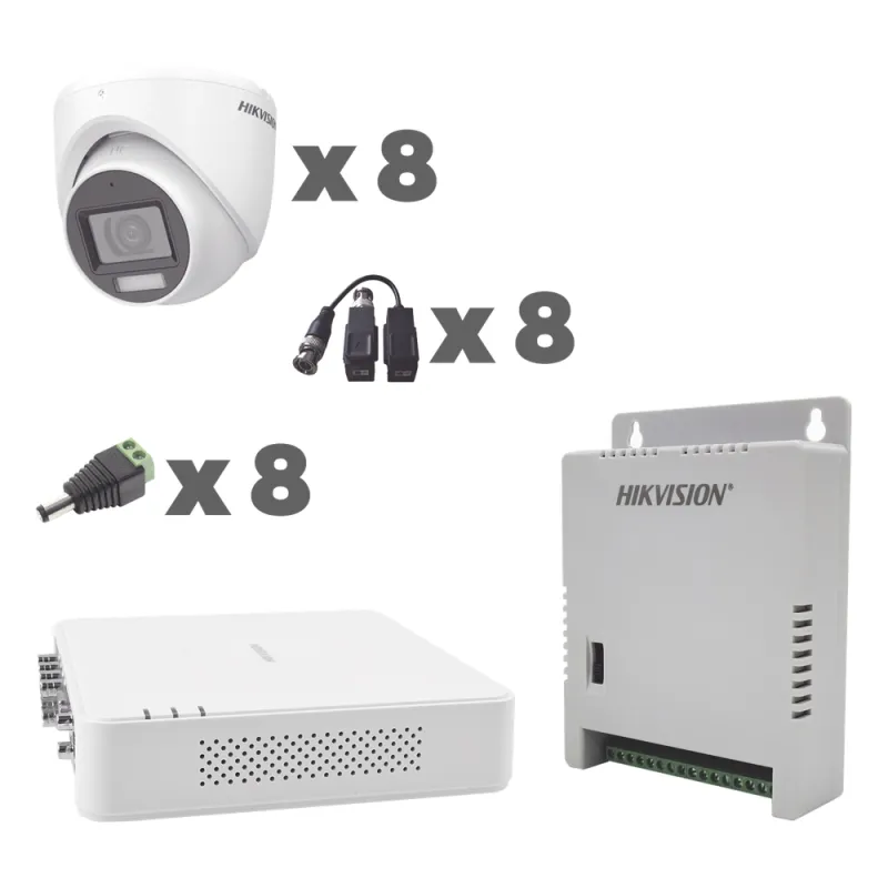 KIT TurboHD 1080p / DVR 8 Canales con audio por coaxitron / 8 Cámaras con Micrófono Integrado 101° Visión/ luz blanca + IR visión nocturna / Transceptores / Conectores / Fuente de Poder Profesional