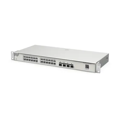 Switch Administrable Capa 2+ Plus, con 24 puertos Gigabit, 4 puertos SFP+ para fibra 10Gb, gestión gratuita desde la nube.