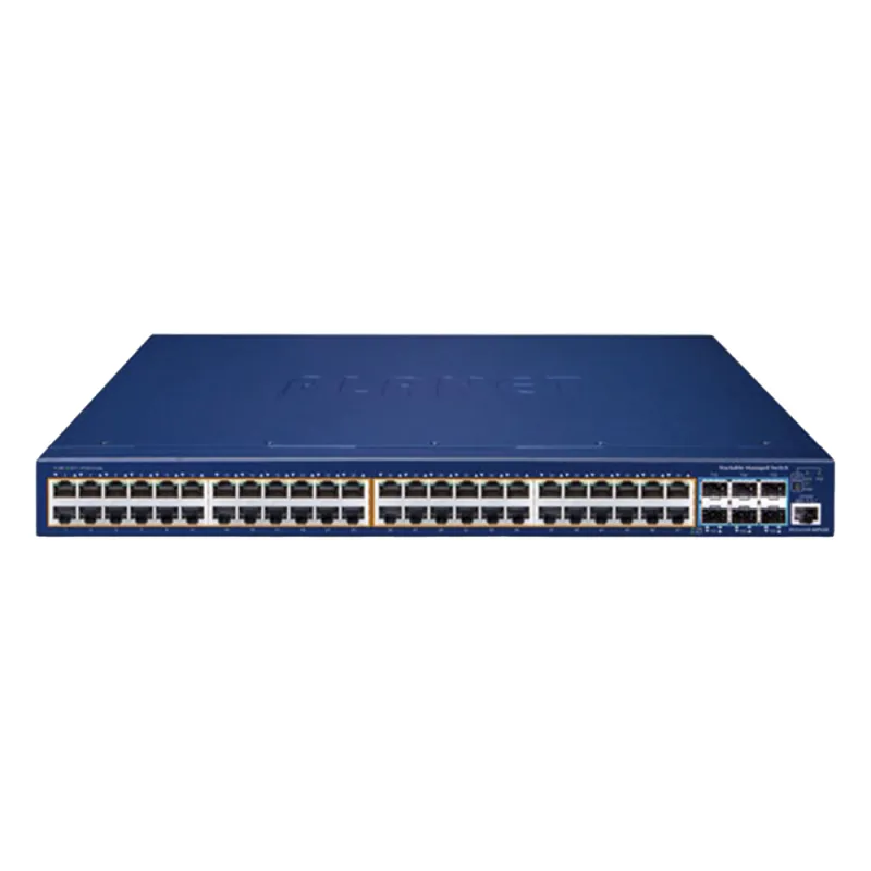Switch Administrable Stacking Capa 3, 48 Puertos PoE Gigabit 802.3at, 6 Puertos SFP de 10 G, Entrada de Alimentación Redundante de 55 V cc.