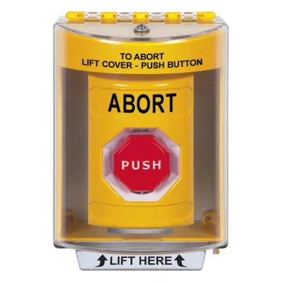 Botón de Abortar, Texto en Ingles, Tapa Protectora de Policarbonato Súper Resistente, Momentaneo