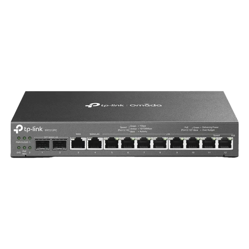 Router Omada VPN / SDN Multi-WAN 1G / Switch con PoE y Controlador / 2 puerto WAN/LAN SFP 1G / 1 Puerto RJ45 WAN / 1 Puerto WAN/LAN RJ45 / 8 Puertos PoE+ LAN RJ45 / 24,980 Sesiones Concurrentes