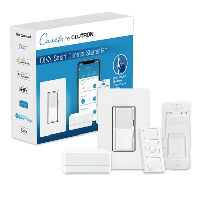Kit de inicio Caseta Wireless con hub, atenuador de pared Diva de 150 W LED o 600 W incandescente sin neutro, control Pico, tapa y adaptador de pared, compatible con Apple HomeKit