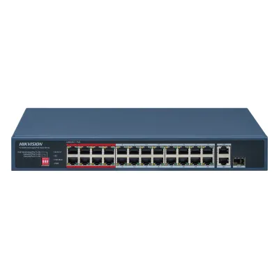 Switch PoE+ / No Administrable / 24 Puertos 10/100 Mbps PoE+ / 2 Puertos 1000 Mbps Uplink / 1 Puerto SFP Uplink / Modo Extendido hasta 300 Metros / 230 W