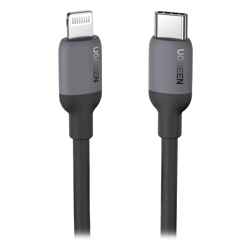 Cable USB-C a Lightning / Certificado MFi / 1 Metro / Adecuado para iPhone, iPad, iPod / Carga Rápida PD 20W / Sincronización de Datos de hasta 480 Mbps / Goma de Silicona y TPE. / Suave al Tacto / Color Negro
