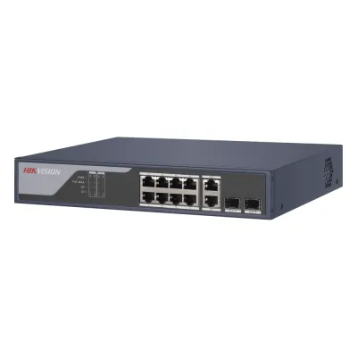 Switch PoE+ / Administrable / Uso en Rack / 8 Puertos 10/100 PoE+ / 2 Puertos 1000 Mbps Uplink / 2 Puertos SFP / Configuración Nube desde Hik-PartnerPro / Modo Extendido hasta 300 Metros / 125 W