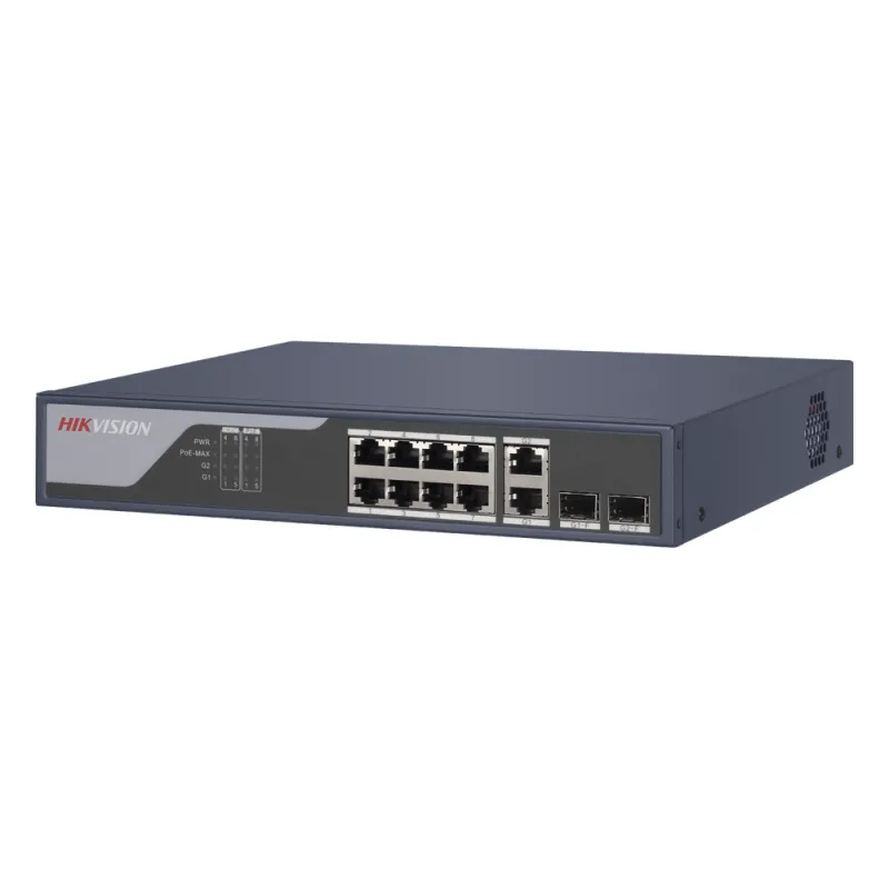 Switch PoE+ / Administrable / Uso en Rack / 8 Puertos 10/100 PoE+ / 2 Puertos 1000 Mbps Uplink / 2 Puertos SFP / Configuración Nube desde Hik-PartnerPro / Modo Extendido hasta 300 Metros / 125 W