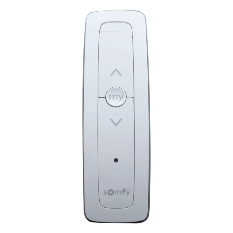 Control remoto 1 canal para motores de persiana Somfy con señal inalámbrica, instrucciones: sube, baja y detener, con posición favorita programada.