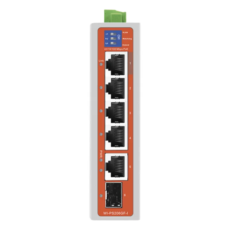 Switch Industrial / 4 Puertos 10/100 Mbps con PoE 802.3af/at / 2 Puertos Uplink Gigabit (1 Rj45 - 1 SFP) / PoE Hasta 250 m