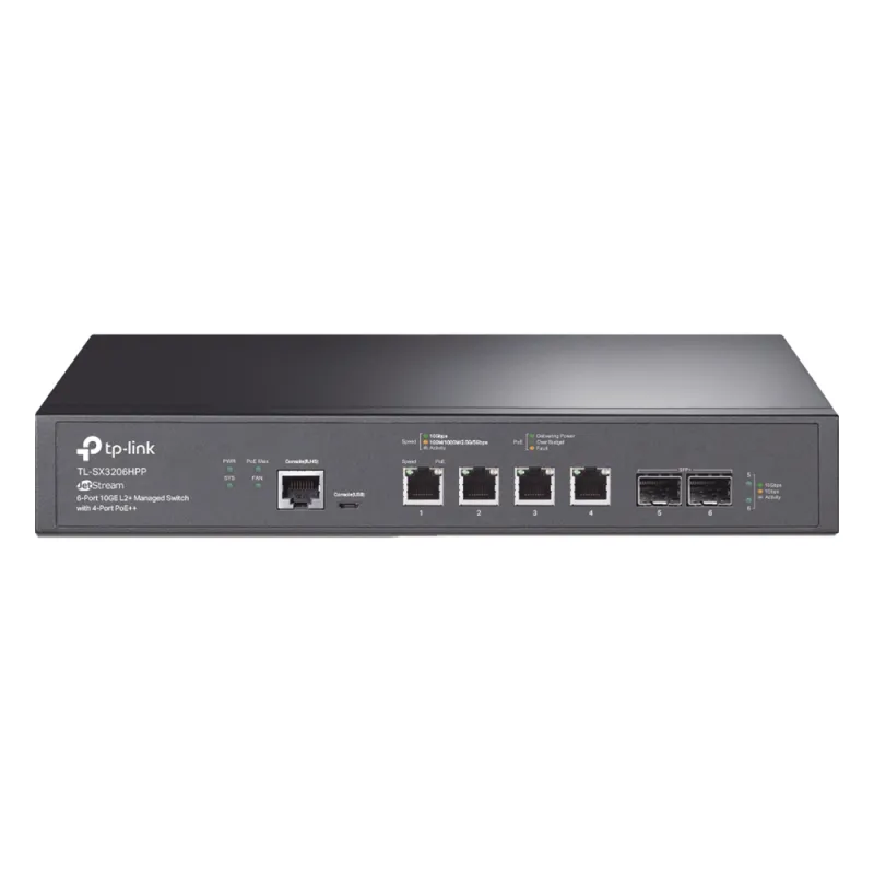 Switch L2+ PoE++ Omada 6 Puertos 10G / 4 Puertos 802.3 af/at/bt Multi-Gigabit 1G, 2.5G, 5G, 10G / 2 Puertos SFP+ 10G / Multicast IGMP / Adminstración Centralizada Omada o Stand-Alone / Presupuesto PoE 200W / Montaje Rack-Escritorio