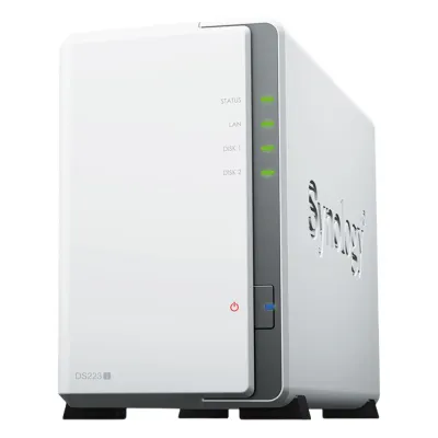 NAS DiskStation DS223j | 2 Bahías | CPU Realtek RTD1619B 1.7 GHz | 1 GB DDR4 | Puerto 1GbE RJ-45 | USB 3.2 Gen 1 | Compatible con HDD y SSD | Synology DSM | RAID 0, 1, JBOD | SMB, AFP, NFS, FTP | Vigilancia IP