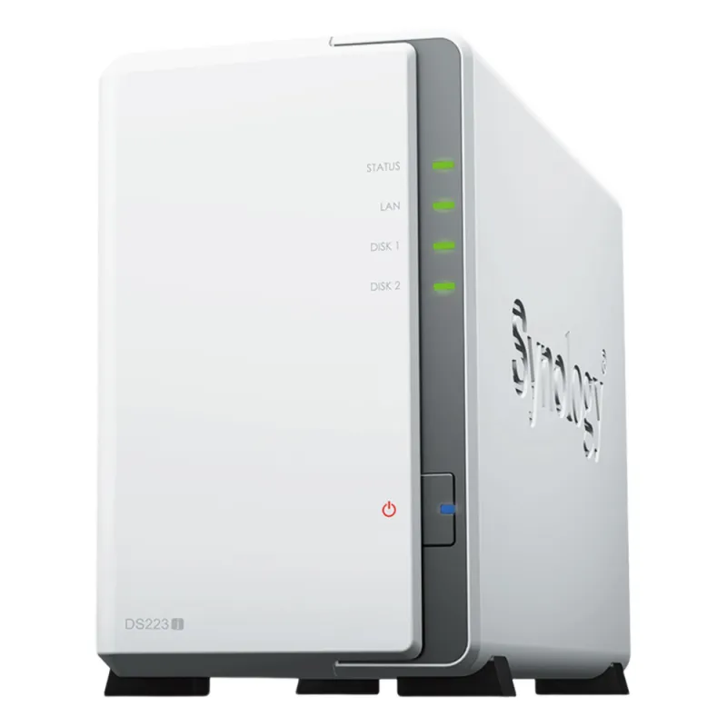 NAS DiskStation DS223j | 2 Bahías | CPU Realtek RTD1619B 1.7 GHz | 1 GB DDR4 | Puerto 1GbE RJ-45 | USB 3.2 Gen 1 | Compatible con HDD y SSD | Synology DSM | RAID 0, 1, JBOD | SMB, AFP, NFS, FTP | Vigilancia IP