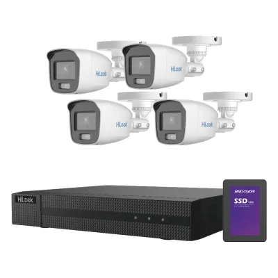 Kit TurboHD 1080p + SSD 500 GB / DVR 4 Canales / 4 Cámaras Bala ColorVu con Micrófono Integrado / Fuente de Poder / Accesorios de Instalación