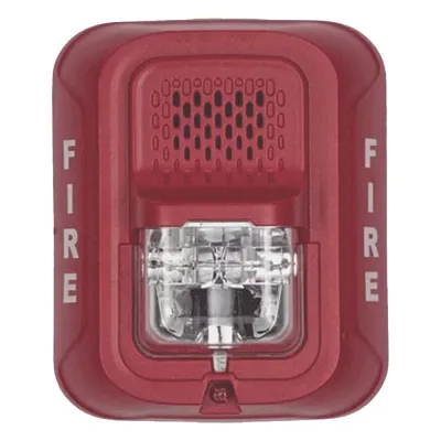 Sirena con lámpara estroboscópica de 4 hilos para pared, 12 o 24 Vcd, candela seleccionable hasta 185 cd, texto FIRE, color rojo