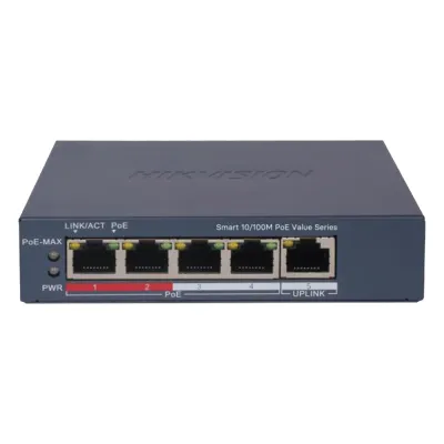 Switch PoE+ / Monitoreable / 4 Puertos 10/100 Mbps PoE+ / 1 Puerto 10/100 Mbps Uplink / Configuración Nube Hik-PartnerPro / Modo Extendido hasta 300 Metros / 45 W