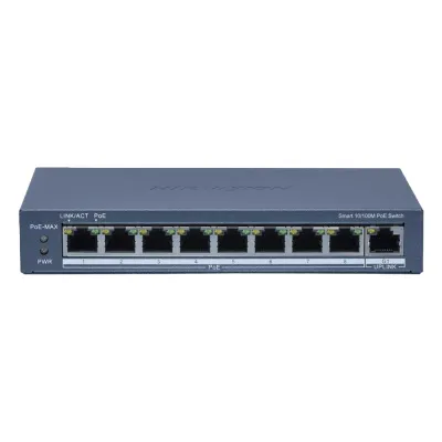 Switch PoE+ / Monitoreable / 8 Puertos 10/100 Mbps PoE+ / 1 Puerto 1000 Mbps Uplink / Configuración Nube Hik-Partner Pro / Modo Extendido hasta 300 metros / 60 W