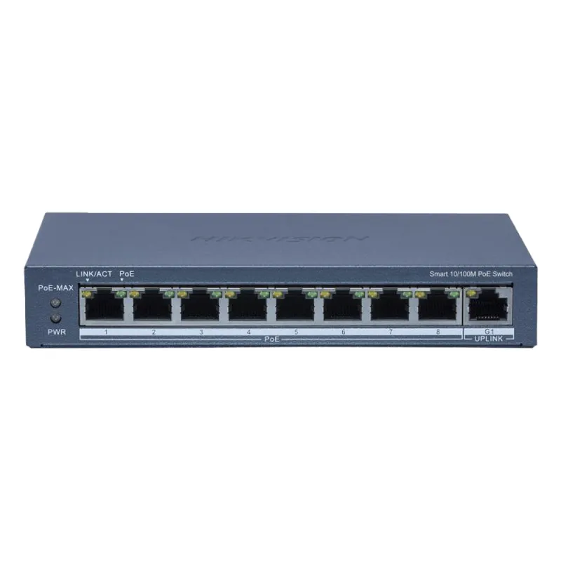 Switch PoE+ / Monitoreable / 8 Puertos 10/100 Mbps PoE+ / 1 Puerto 1000 Mbps Uplink / Configuración Nube Hik-Partner Pro / Modo Extendido hasta 300 metros / 60 W